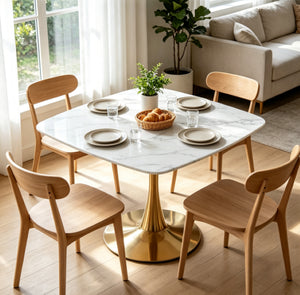 English Elm Square Pedestal Dining Table Marble Look MDF Top Metal Base Bistro Style Compact Kitchen W3766P540542