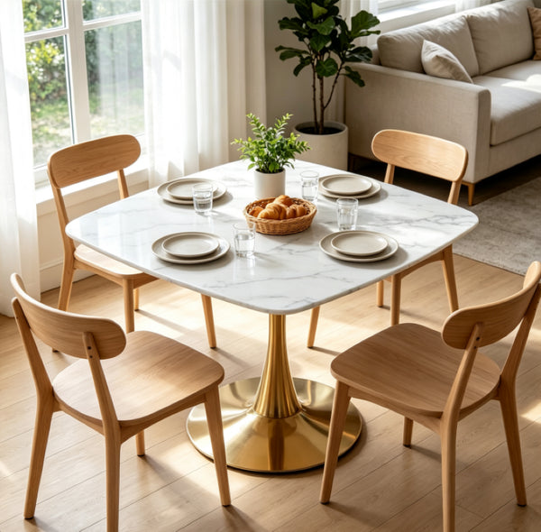 English Elm Square Pedestal Dining Table Marble Look MDF Top Metal Base Bistro Style Compact Kitchen W3766P540542