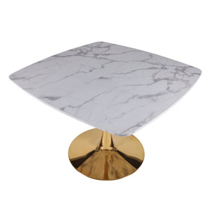 English Elm Square Pedestal Dining Table Marble Look MDF Top Metal Base Bistro Style Compact Kitchen W3766P540542