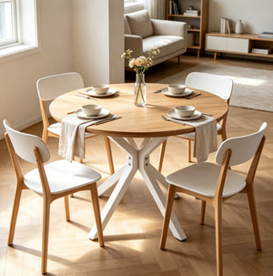 English Elm 42.1White Tulip Pedestal Round Dining Table Mid-Century MDF Top Seats Four to Six White + Light Oak W3766P556093