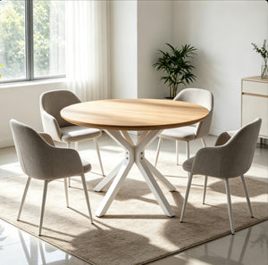 English Elm 42.1White Tulip Pedestal Round Dining Table Mid-Century MDF Top Seats Four to Six White + Light Oak W3766P556093