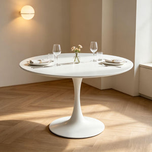 English Elm 42.1White Tulip Pedestal Round Dining Table Mid-Century MDF Top Seats Four to Six White W3766P558299