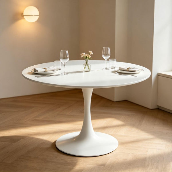 English Elm 42.1White Tulip Pedestal Round Dining Table Mid-Century MDF Top Seats Four to Six White W3766P558299