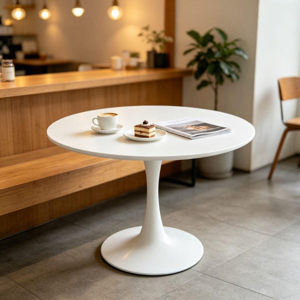 English Elm 42.1White Tulip Pedestal Round Dining Table Mid-Century MDF Top Seats Four to Six White W3766P558299