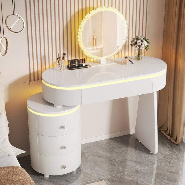 English Elm Small Bedroom Vanity Desk with Detachable Mirror Cylindrical Drawers Flexible Layout W3767S00004