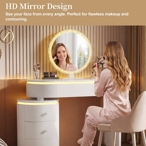English Elm Small Bedroom Vanity Desk with Detachable Mirror Cylindrical Drawers Flexible Layout W3767S00004