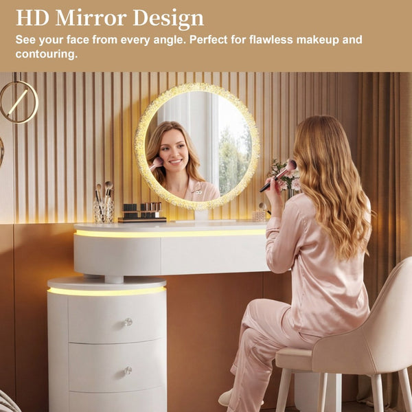 English Elm Small Bedroom Vanity Desk with Detachable Mirror Cylindrical Drawers Flexible Layout W3767S00004