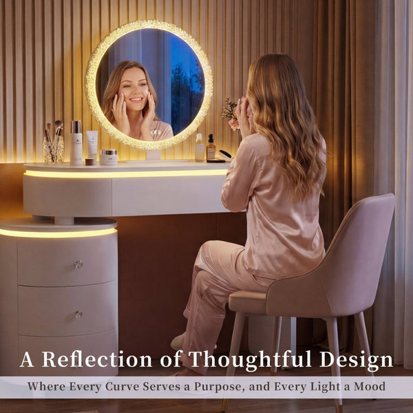 English Elm Small Bedroom Vanity Desk with Detachable Mirror Cylindrical Drawers Flexible Layout W3767S00004