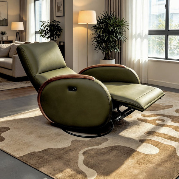 English Elm Power Recliner Swivel Chair with Oak Armrests Eco Leather Upholstery for Living Room Green W3795P504992
