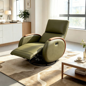 English Elm Power Recliner Swivel Chair with Oak Armrests Eco Leather Upholstery for Living Room Green W3795P504992