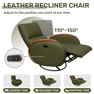 English Elm Power Recliner Swivel Chair with Oak Armrests Eco Leather Upholstery for Living Room Green W3795P504992