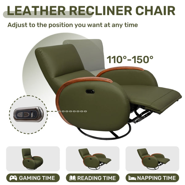 English Elm Power Recliner Swivel Chair with Oak Armrests Eco Leather Upholstery for Living Room Green W3795P504992