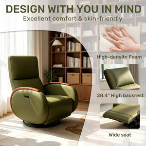 English Elm Power Recliner Swivel Chair with Oak Armrests Eco Leather Upholstery for Living Room Green W3795P504992