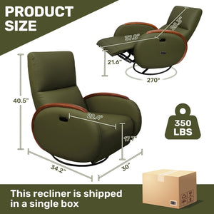 English Elm Power Recliner Swivel Chair with Oak Armrests Eco Leather Upholstery for Living Room Green W3795P504992