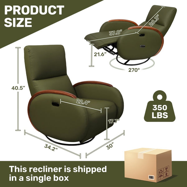 English Elm Power Recliner Swivel Chair with Oak Armrests Eco Leather Upholstery for Living Room Green W3795P504992