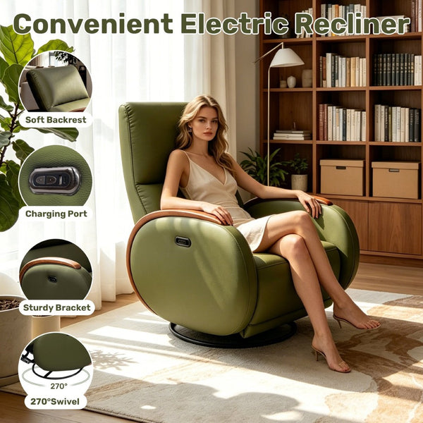 English Elm Power Recliner Swivel Chair with Oak Armrests Eco Leather Upholstery for Living Room Green W3795P504992