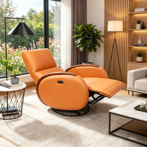 English Elm Power Recliner Swivel Chair with Oak Armrests Eco Leather Upholstery for Living Room Orange W3795P505039