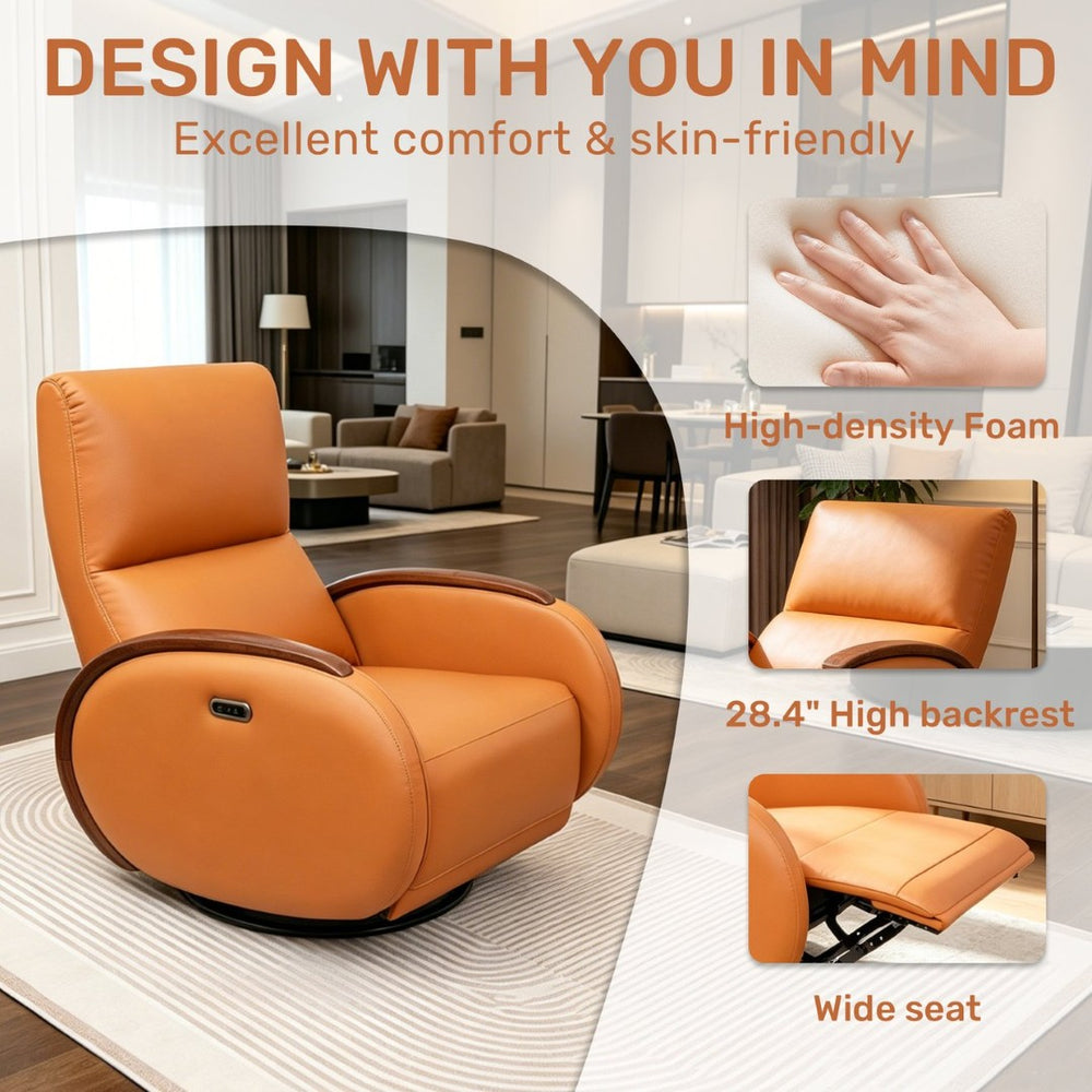 English Elm Power Recliner Swivel Chair with Oak Armrests Eco Leather Upholstery for Living Room Orange W3795P505039