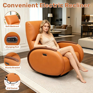 English Elm Power Recliner Swivel Chair with Oak Armrests Eco Leather Upholstery for Living Room Orange W3795P505039