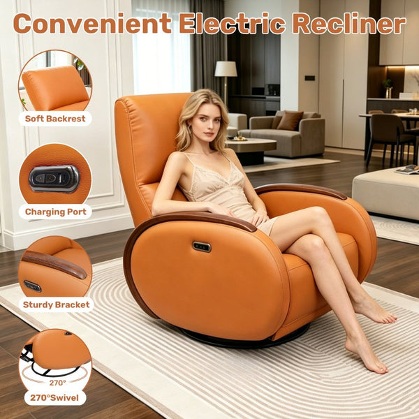 English Elm Power Recliner Swivel Chair with Oak Armrests Eco Leather Upholstery for Living Room Orange W3795P505039