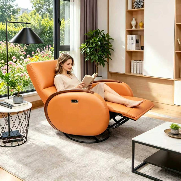 English Elm Power Recliner Swivel Chair with Oak Armrests Eco Leather Upholstery for Living Room Orange W3795P505039