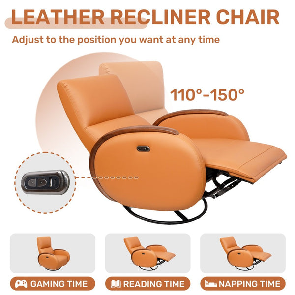 English Elm Power Recliner Swivel Chair with Oak Armrests Eco Leather Upholstery for Living Room Orange W3795P505039