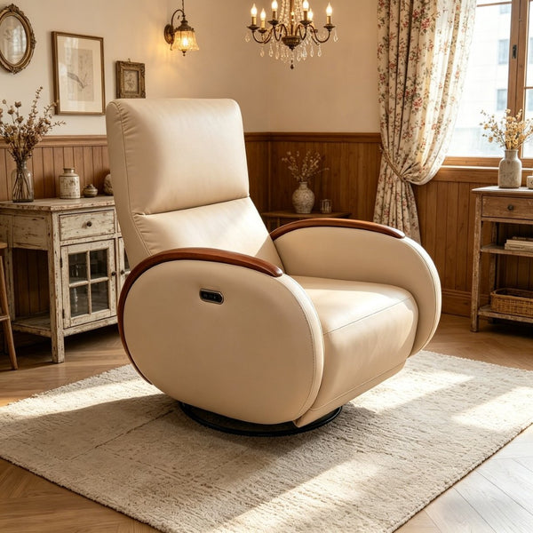 English Elm Power Recliner Swivel Chair with Oak Armrests Eco Leather Upholstery for Living Room Apricot W3795P505052