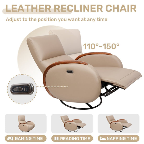 English Elm Power Recliner Swivel Chair with Oak Armrests Eco Leather Upholstery for Living Room Apricot W3795P505052