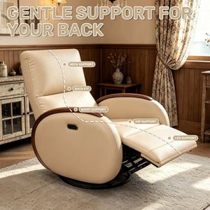 English Elm Power Recliner Swivel Chair with Oak Armrests Eco Leather Upholstery for Living Room Apricot W3795P505052