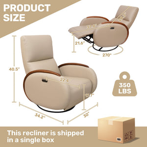 English Elm Power Recliner Swivel Chair with Oak Armrests Eco Leather Upholstery for Living Room Apricot W3795P505052