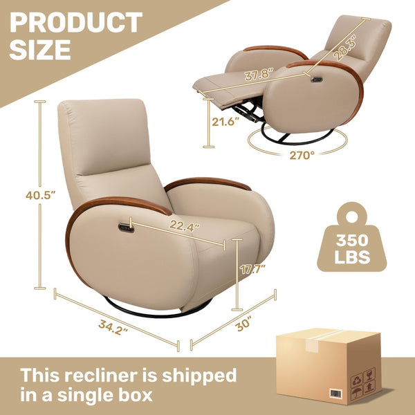 English Elm Power Recliner Swivel Chair with Oak Armrests Eco Leather Upholstery for Living Room Apricot W3795P505052