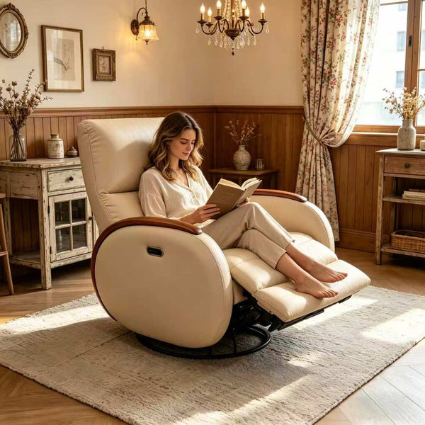 English Elm Power Recliner Swivel Chair with Oak Armrests Eco Leather Upholstery for Living Room Apricot W3795P505052