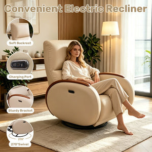 English Elm Power Recliner Swivel Chair with Oak Armrests Eco Leather Upholstery for Living Room Apricot W3795P505052