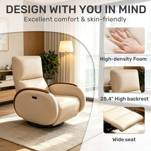 English Elm Power Recliner Swivel Chair with Oak Armrests Eco Leather Upholstery for Living Room Apricot W3795P505052