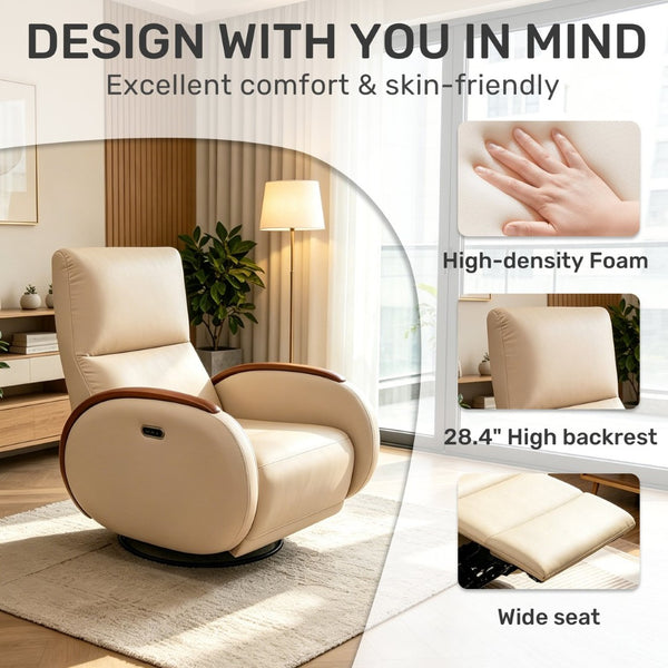 English Elm Power Recliner Swivel Chair with Oak Armrests Eco Leather Upholstery for Living Room Apricot W3795P505052