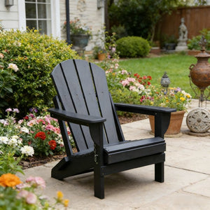 English Elm Adirondack Folding Hdpe Chair with Cup Holders for Patio Garden Campsite Fire Pit Black W3805P435916