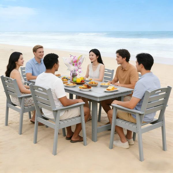 English Elm Hdpe Recyclable Six Person Outdoor Dining Set with Umbrella Ready Weatherproof Table W3805S00003
