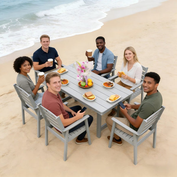 English Elm Hdpe Recyclable Six Person Outdoor Dining Set with Umbrella Ready Weatherproof Table W3805S00003