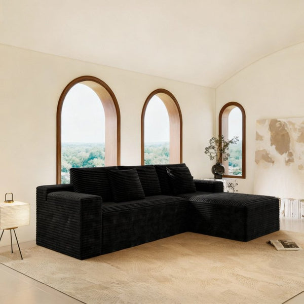 English Elm 104.3*68.9"modular Sectional Sofa Plush Corduroy Two-piece Reversible Chaise Living Room Black W3819P492705