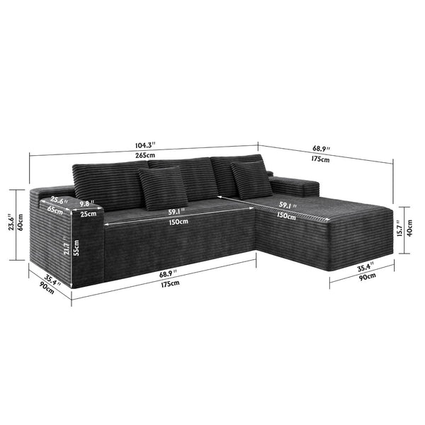 English Elm 104.3*68.9"modular Sectional Sofa Plush Corduroy Two-piece Reversible Chaise Living Room Grey - A W3819P492714