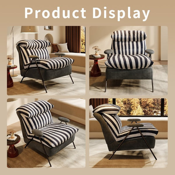 English Elm Minimalist Accent Chair Solid Wood Frame Microfiber Leather Ergonomic Lumbar Support Grey Striped Velvet W3820P543771