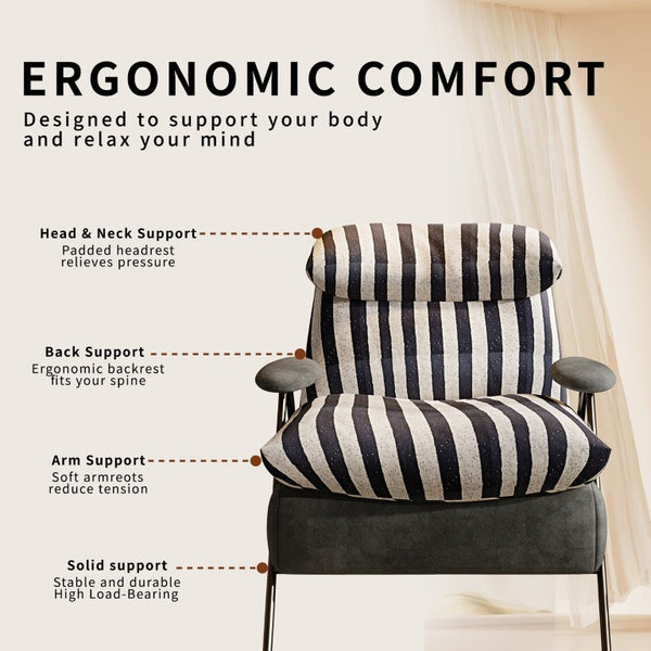 English Elm Minimalist Accent Chair Solid Wood Frame Microfiber Leather Ergonomic Lumbar Support Grey Striped Velvet W3820P543771