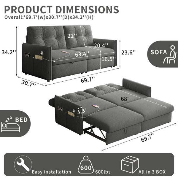 English Elm Sleeper Sectional Sofa with Pull Out Bed Ottoman Storage and Corduroy Upholstery W3820S00050