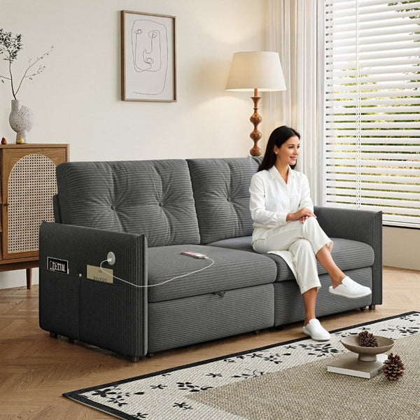 English Elm Sleeper Sectional Sofa with Pull Out Bed Ottoman Storage and Corduroy Upholstery W3820S00050