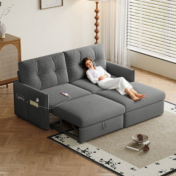 English Elm Sleeper Sectional Sofa with Pull Out Bed Ottoman Storage and Corduroy Upholstery W3820S00050