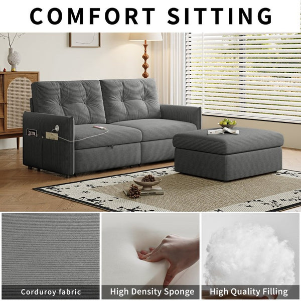 English Elm Sleeper Sectional Sofa with Pull Out Bed Ottoman Storage and Corduroy Upholstery W3820S00050