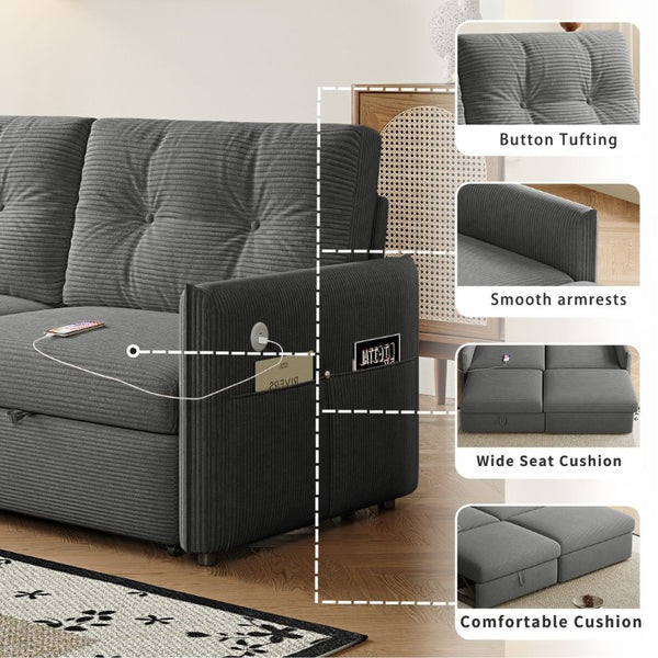 English Elm Sleeper Sectional Sofa with Pull Out Bed Ottoman Storage and Corduroy Upholstery W3820S00050