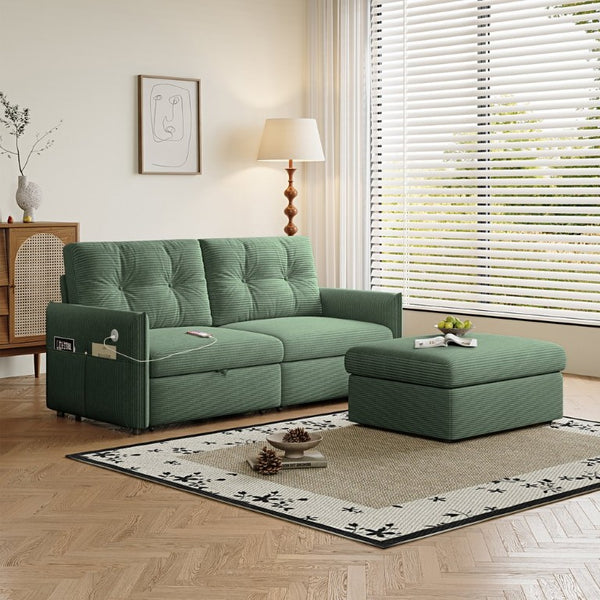 English Elm Sleeper Sectional Sofa with Ottoman Storage and USB Ports for Compact Living Spaces Green Corduroy W3820S00051