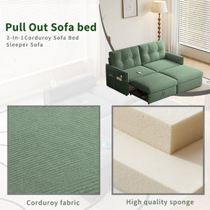 English Elm Sleeper Sectional Sofa with Ottoman Storage and USB Ports for Compact Living Spaces Green Corduroy W3820S00051