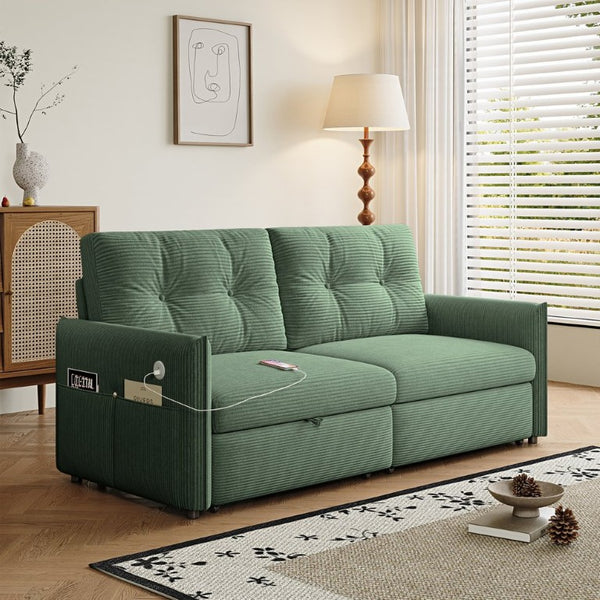 English Elm Sleeper Sectional Sofa with Ottoman Storage and USB Ports for Compact Living Spaces Green Corduroy W3820S00051